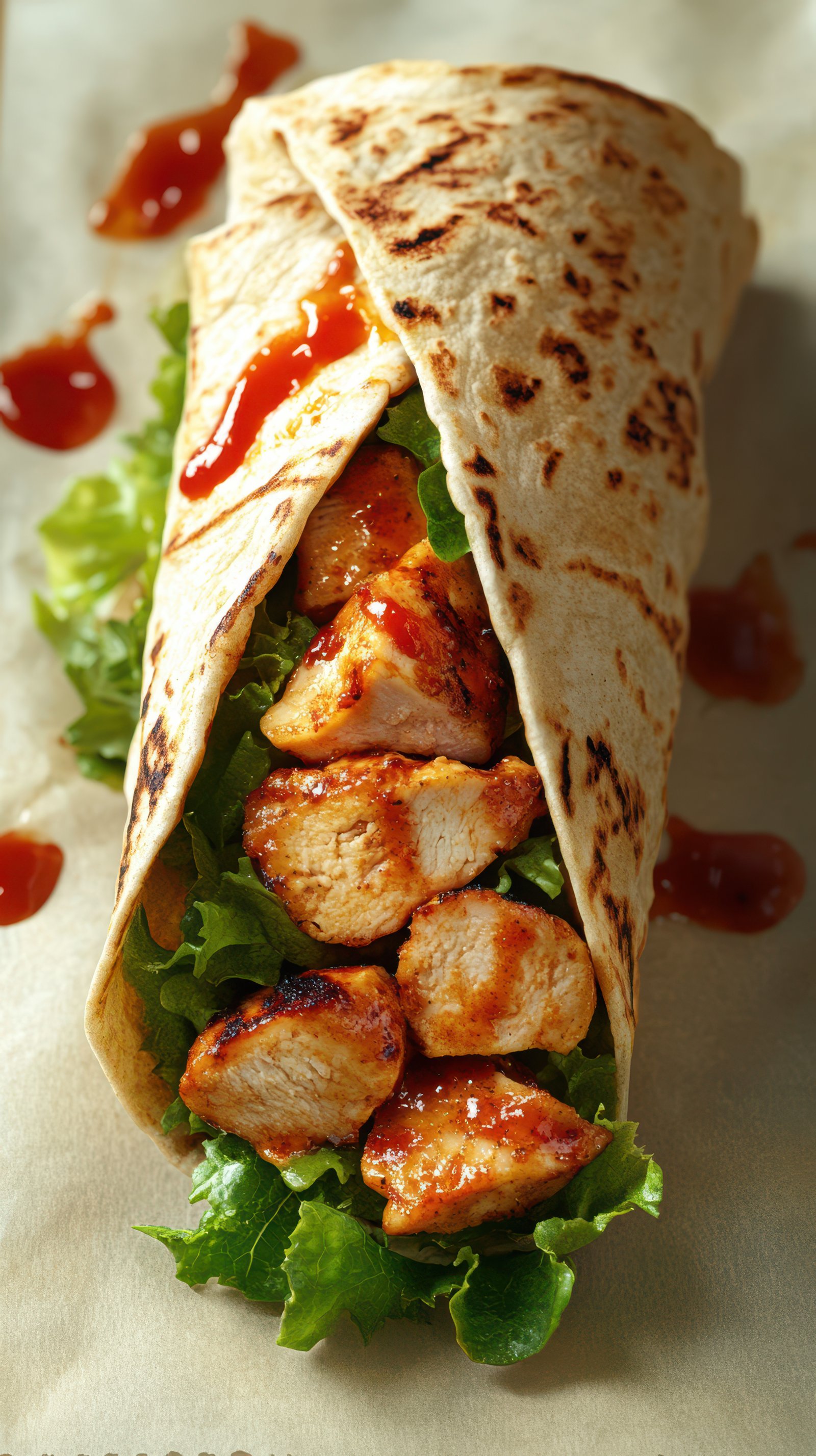 Freshly prepared chicken wrap with lettuce and spicy sauce served on parchment paper in a casual dining setting